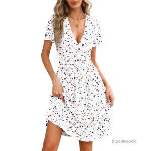 Faux Wrap V-Neck Midi Dress with Pockets, A-Line Sundress for Summer Casual Work